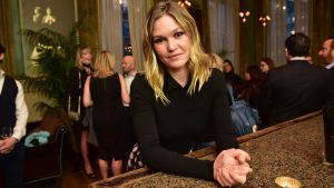 The actress Julia Stiles of the upcoming show Riviera at the bar.