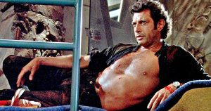 Goldblum's iconic shirtless pose in Jurassic Park